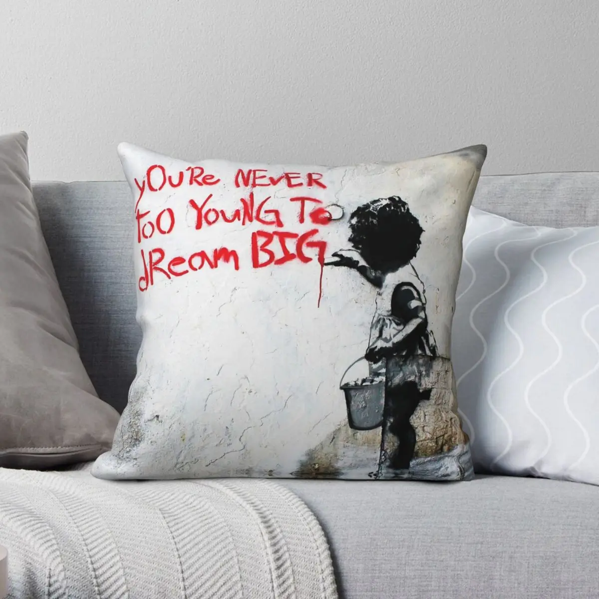 Banksy Never Too Young To Dream Big Square Pillowcase Polyester Linen Velvet Pattern Zip Decorative Sofa Cushion Cover 18