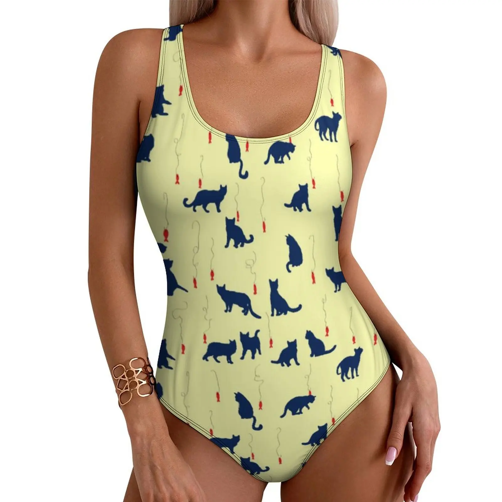 Animal Silhouette Swimsuit Sexy Blue Cute Kittens Ladies Swimwear One-Piece Simple Swimsuits Fitness Push Up Hollow Out Monokini