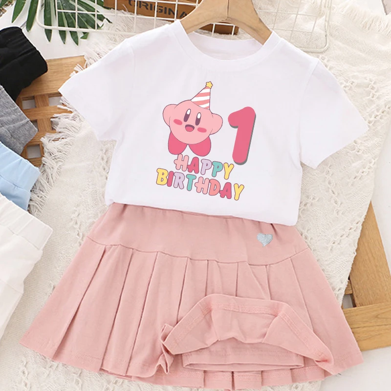 

2pcs Stars Kirbys T-shirt Short Skirt Girl Baby Kawaii Anime Short Sleeved Pile Skirts Set Child Kawaii Dress Birthday Clothing