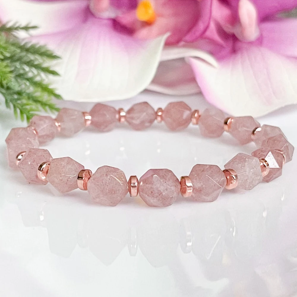 MG1508 New Design Cutted Strawberry Quartz Bracelet Pink Quartz Healing Crystals Bracelet Women`s Heart Chakra Love Bracelet