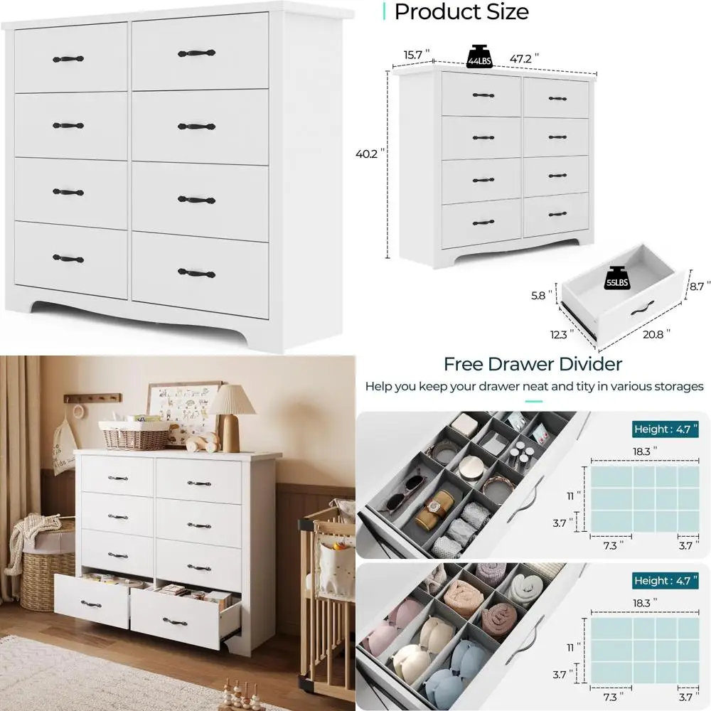 

Современный белый комод с 8 ящиками - просторный деревянный блок для хранения вещей для спален или гостиных