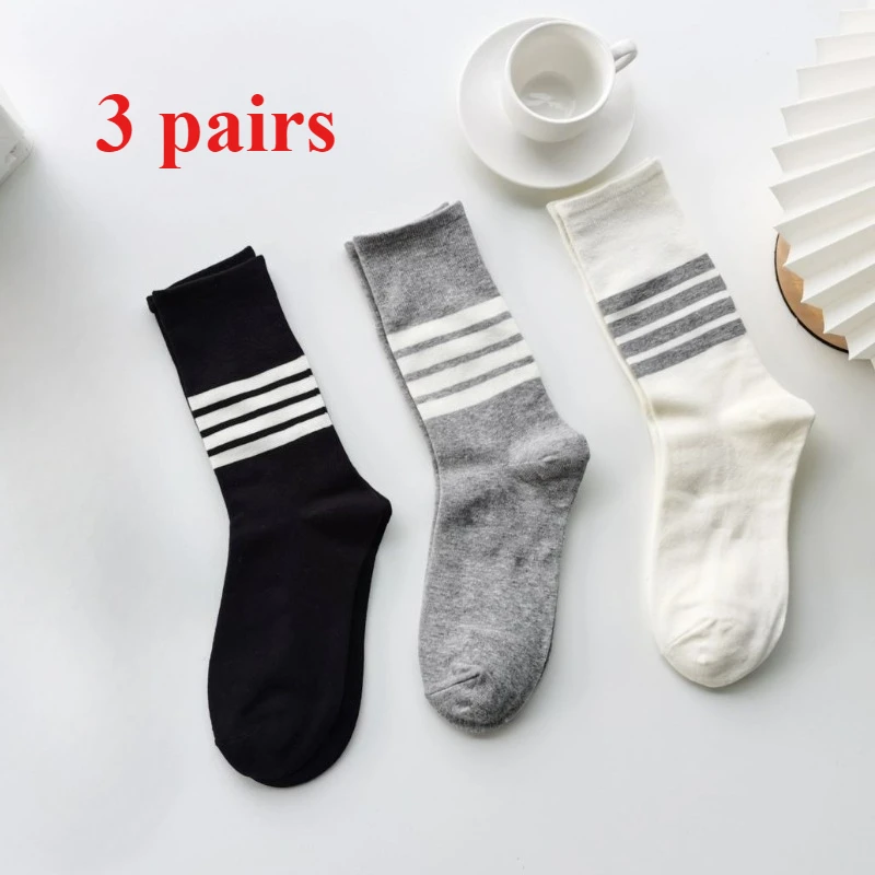 

3 Pairs of Spring Summer Black and White Striped Sports Socks for Couples Street Korean Version College Style Casual Socks