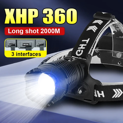 XHP 360 헤드 랜턴 LED 충전식 고성능 헤드라이트 18650, C타입 USB 헤드 손전등, 방수 5 가지 모드 헤드램프 