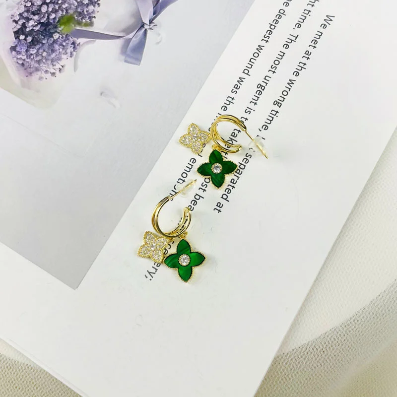 Trendy Rhinestone Four Petal Flower Earring For Women Fashion Crystal Green Plant Dangle Earrings Luxury Female Jewelry Gifts