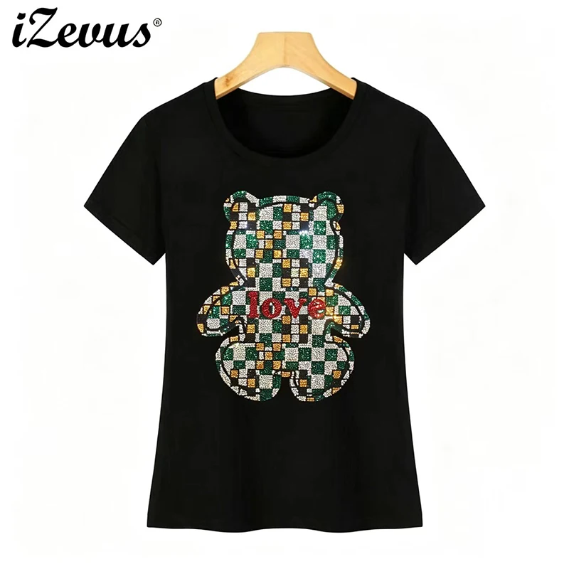 IZEVUS Hot selling high-quality diamond women's T-shirts loose leisure new flash diamond bear T-shirts