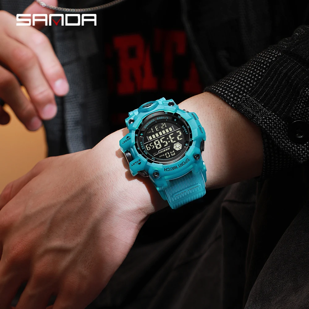 SANDA 6229 Reloj electrónico deportivo a la moda para hombre, reloj electrónico multifuncional resistente al agua con luz nocturna para hombre 2024