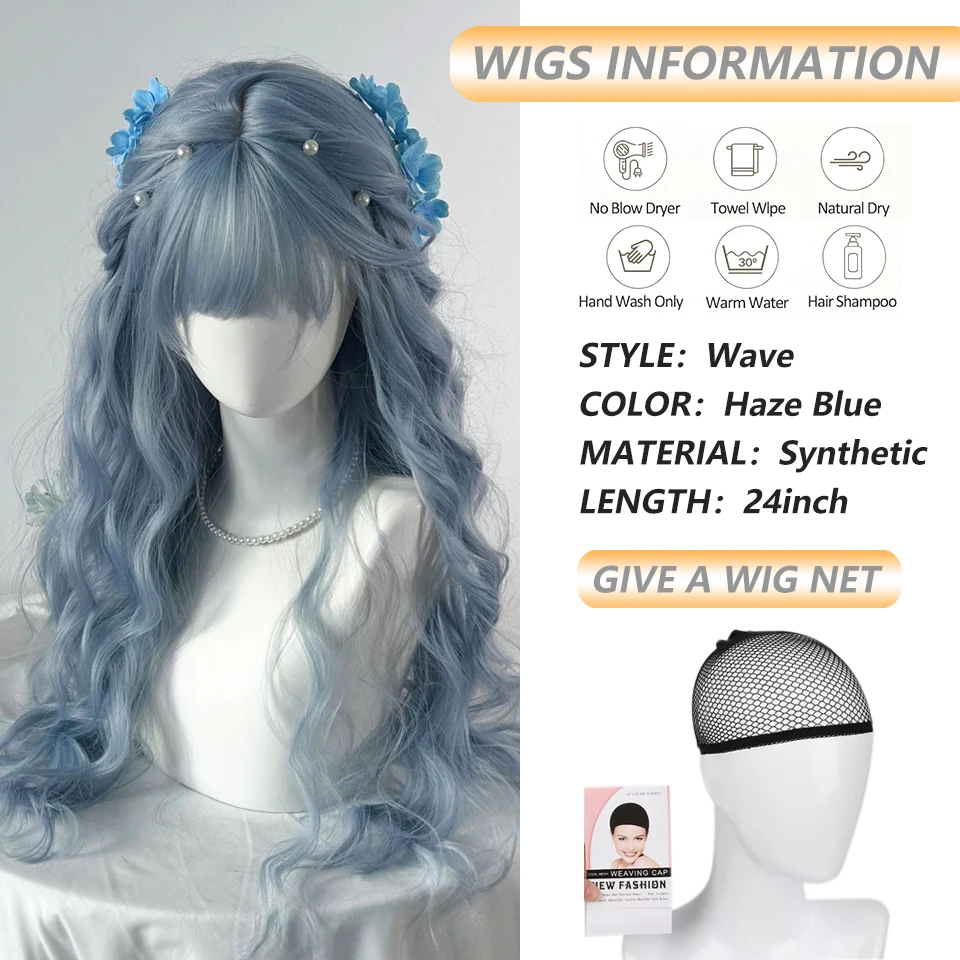 24Inch Grey Blue Color Synthetic Wigs With Bangs Long Natural Wavy Hair Wig For Women Cosplay Drag Queen Party Heat Resistant