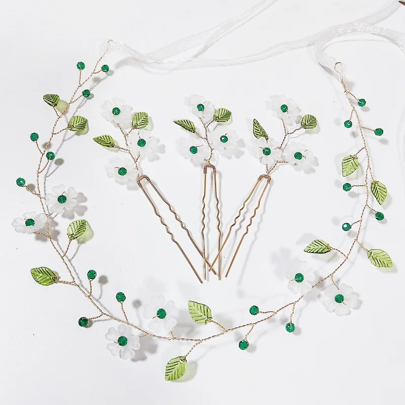 

Роскошный свадебный ободок для волос с зелеными кристаллами и белыми цветами ручной работы, украшение для вечеринок, аксессуар для волос