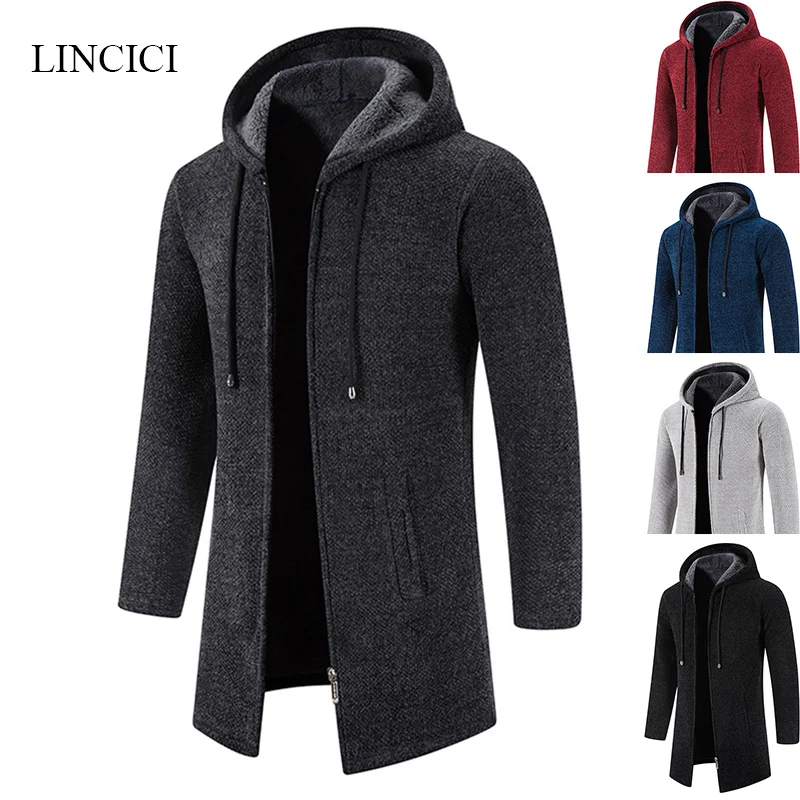 Winter Men\'s Mid To Long Length Jacket with Thick Fleece Hooded Sweater Cardigan Casual Versatile Warm Knit Jacket Windbreaker