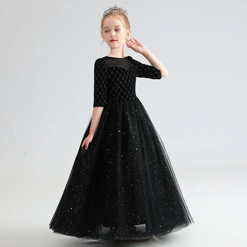 2025 Spring Girls' Dress Piano and Violin Performance Dress Pongsa Black Children's Host Group Performance