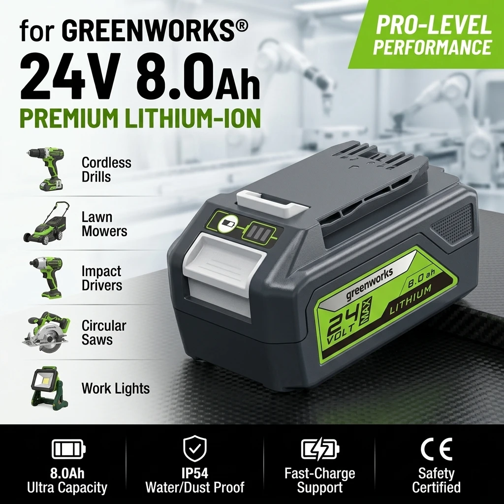 24V 8,0Ah Lithium-Ionen-Ersatzakku G24B2, geeignet für alle 24V-Elektrowerkzeuge von Greenworks 29842 29852 BAG708 29322 21342