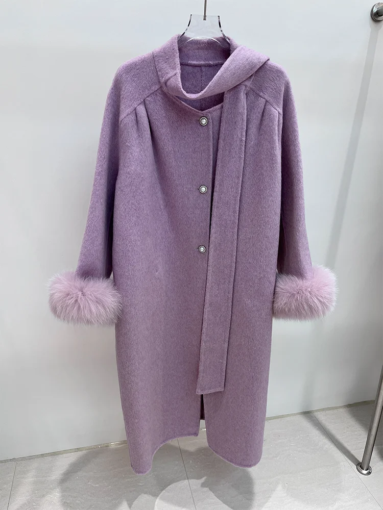 سترة نسائية شتوية جديدة لعام 2025 من صوف الكشمير الدافئ سترة طويلة من فرو الثعلب الحقيقي مع فيونكة ملابس خارجية للسيدات ملابس خروج