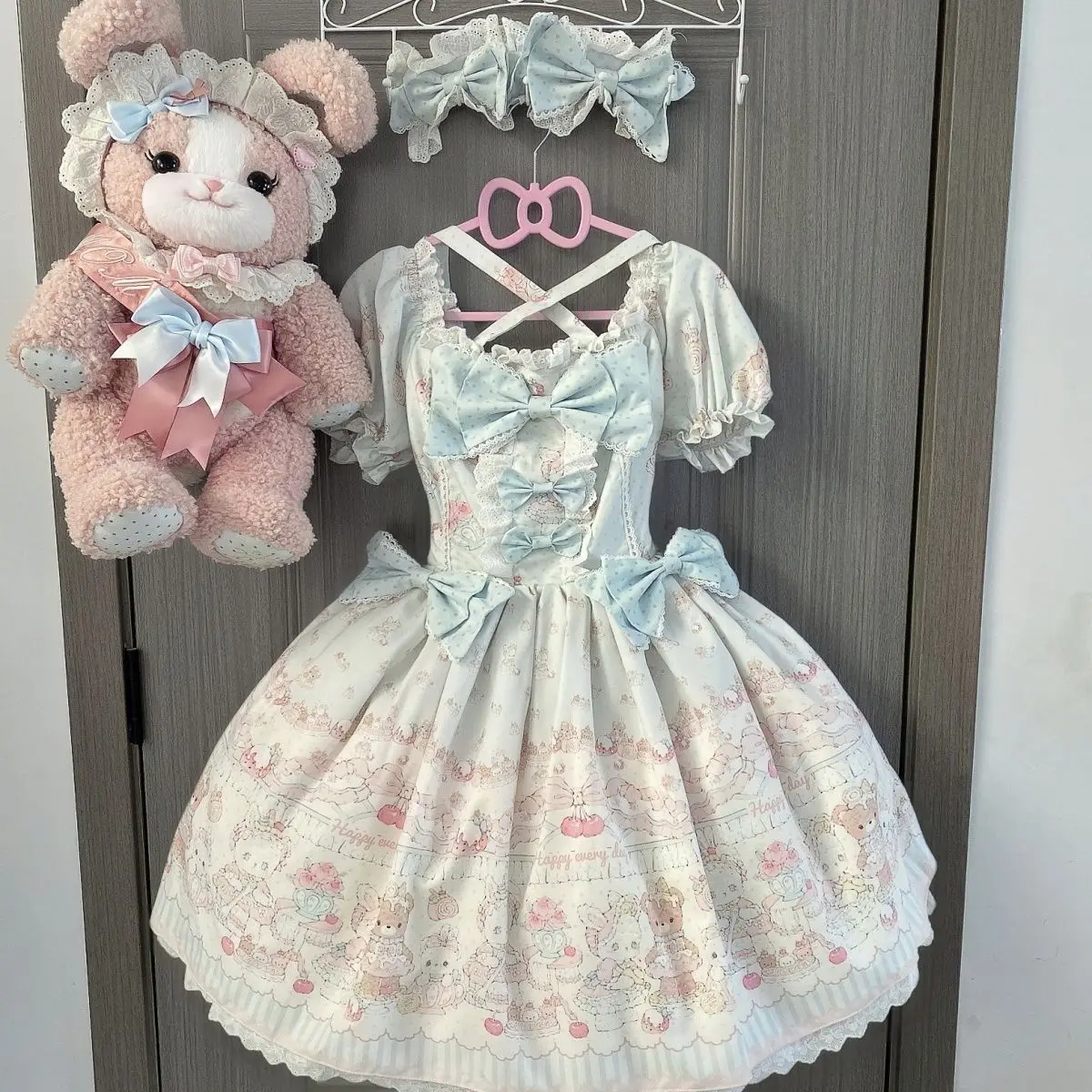 

Coalfell Japanese Sweet Lolita OP Dress Women Kawaii Cute Bow Cartoon Print Short Puff Sleeve Princess Party Dresses