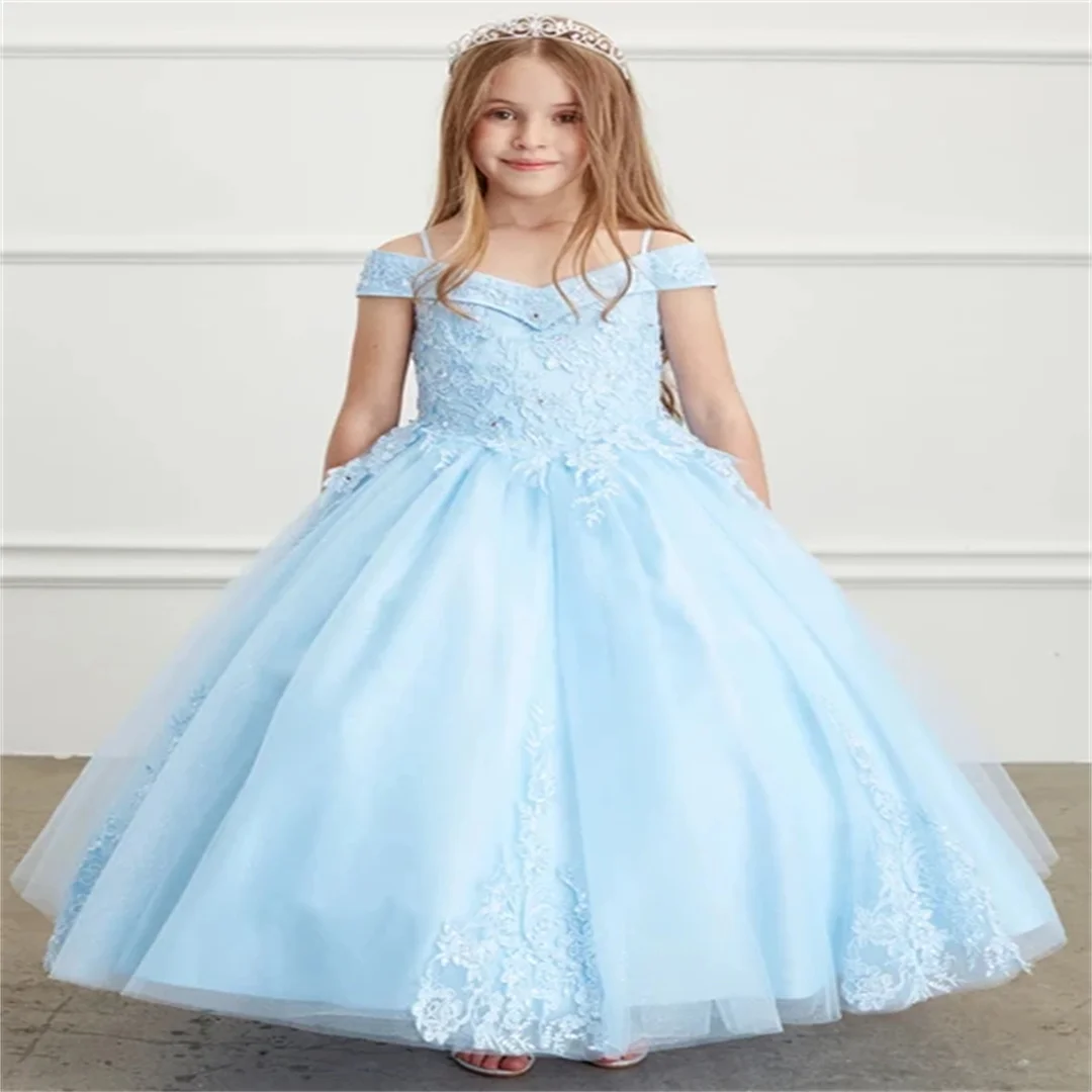 Vestidos da menina de flor céu azul tule cetim flory apliques sem mangas para festa aniversário casamento banquete primeira comunhão vestidos