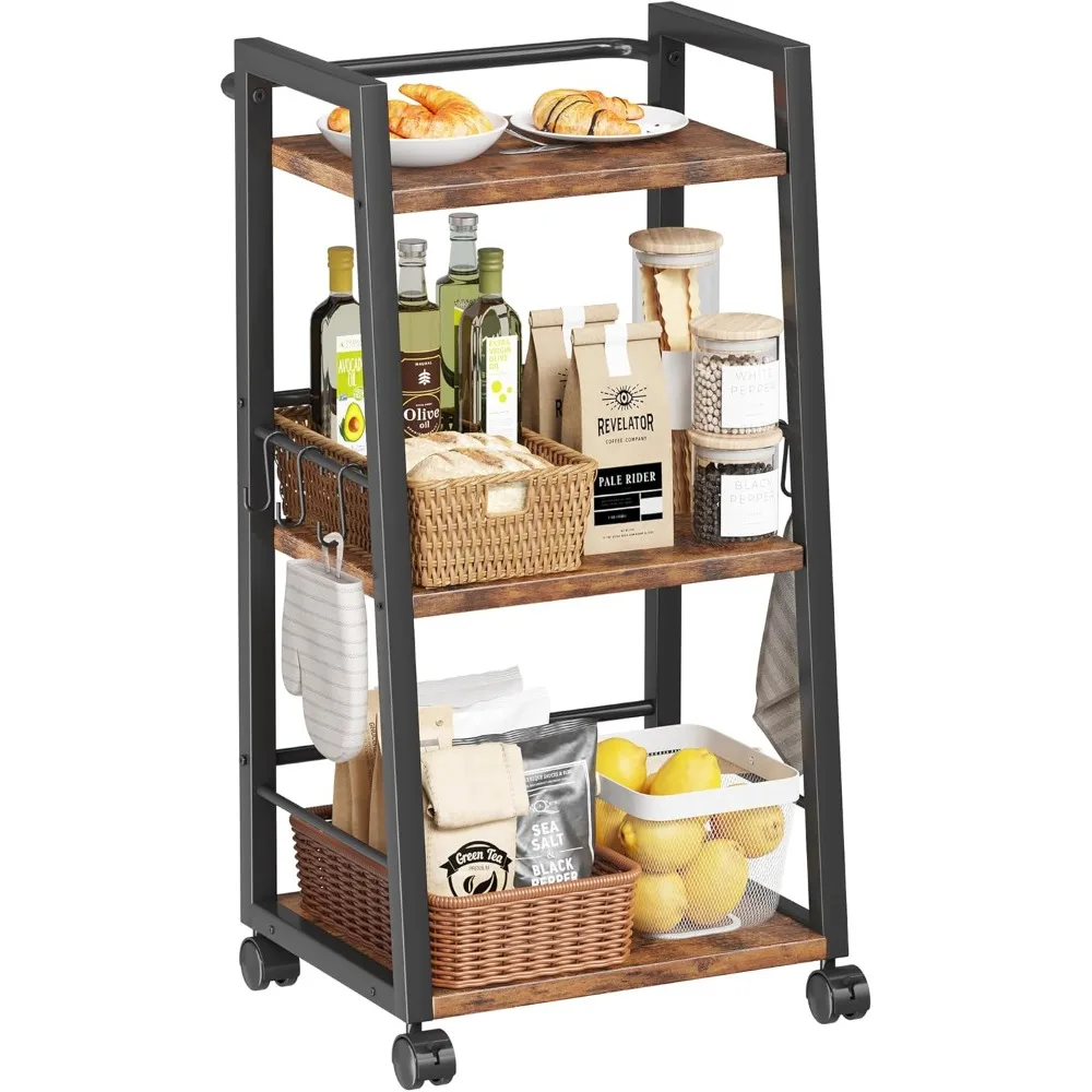 

3 Tier Kitchen Storage Cart with Lockable Wheels & 6 Hooks, Mobile Utility Organizer Rolling Cart for Small Spaces, Bar Cart for