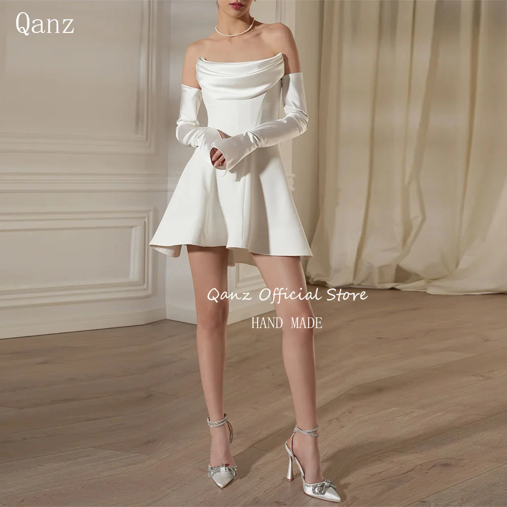 

Qanz White Wedding Party Dresses Soft Satin Detachable Sleeves Evening Dress Short Vestidos De Fiesta Elegantes 2024 Para Boda