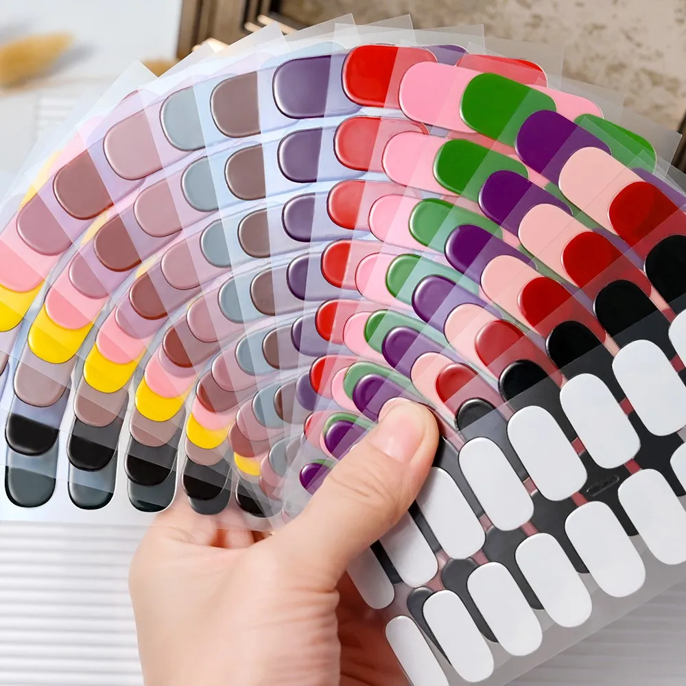 16 Tips/Sheet Solid Color Semi Cured Gel Nail Wraps Long Lasting UV Cured Gel Nail Stickers Full Cover Glossy Gel Nail Strips123
