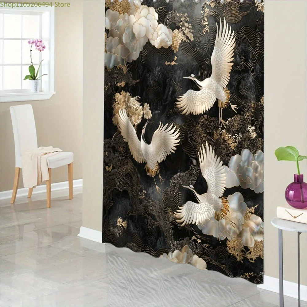 

1 шт. Элегантная занавеска для душа в азиатском стиле с роскошными белыми журавлями и золотыми акцентами, полиэфирная ткань, 12 крючков, 17