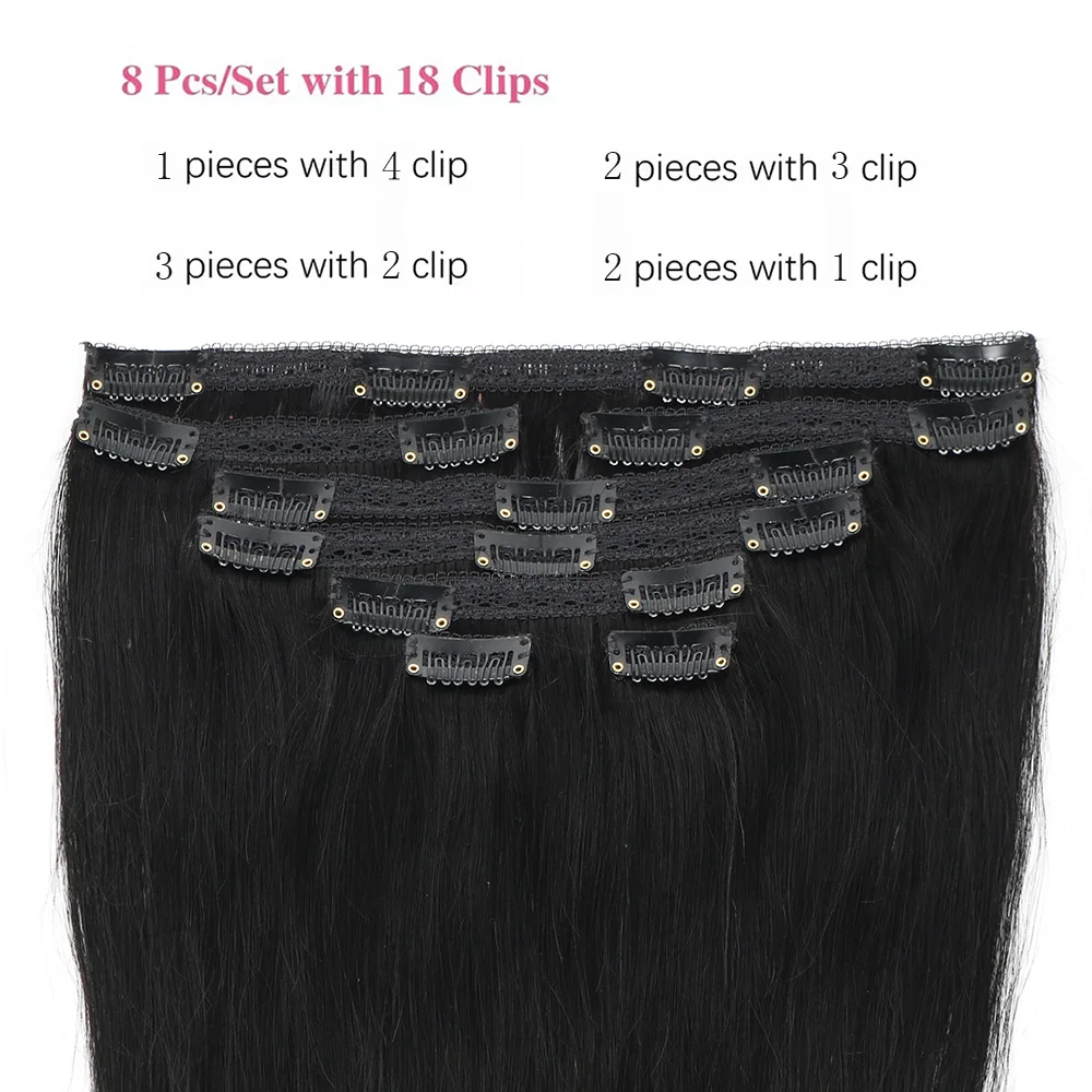Raw Unprocessed 100g/Set Seamless Clips in #1B Natural Color Human Hair Extensions Long PU Weft Invisible Straight Hair