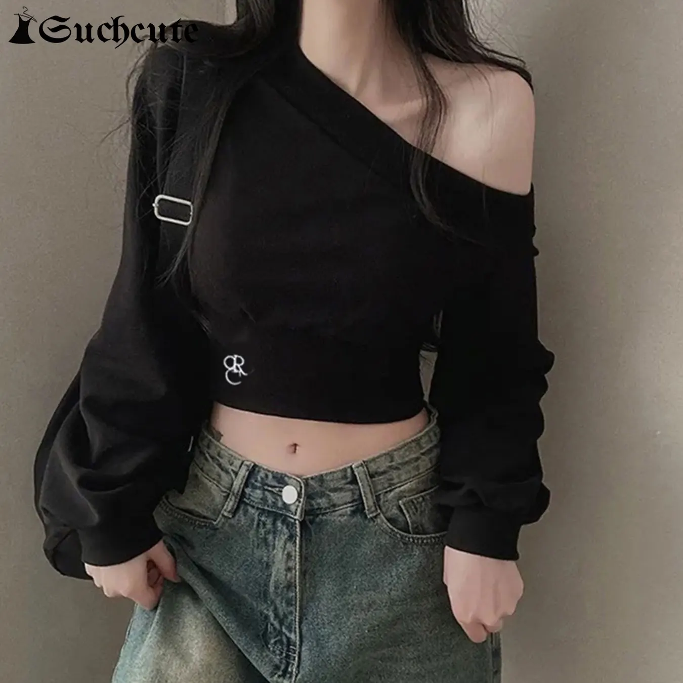 SUCHCUTE Women Irregular Skew Collar Waisted Shorts Crop Top Casual Solid Long Sleeve Pullover Sweatshirt 2024 Autumn Korean Top