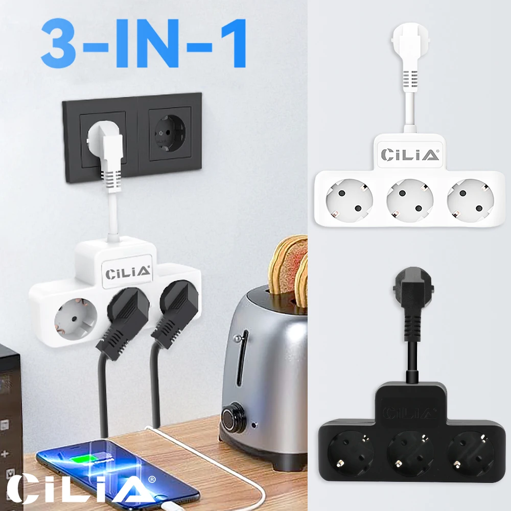 EU Wall Socket Power Extension with 3 AC Black/White, Featuring a 10cm Extension Cord, 220~250V, Type-F, 2000W, 16A