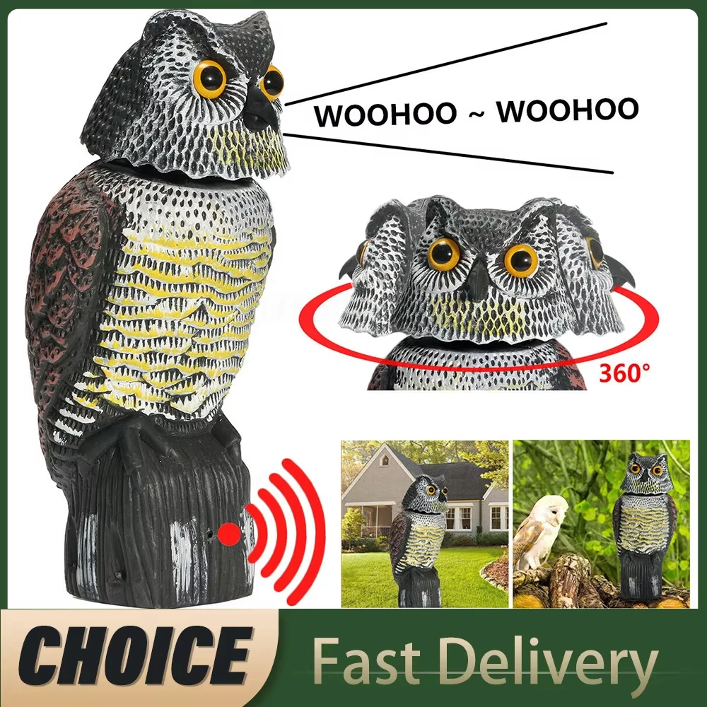 Fake Owl Decoy Plastic Owl Scarecrow Sculpture with Rotating Head and Sound for Garden Yard Bird Repellent Outdoor Decorations