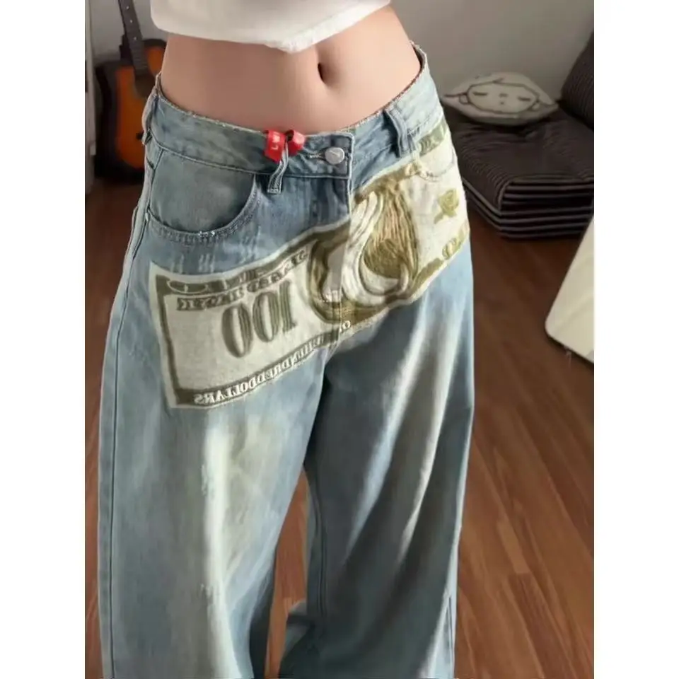 American vintage washed dollar pattern jeans woman high street hot girl style 3D printed wide-leg pants women clothing