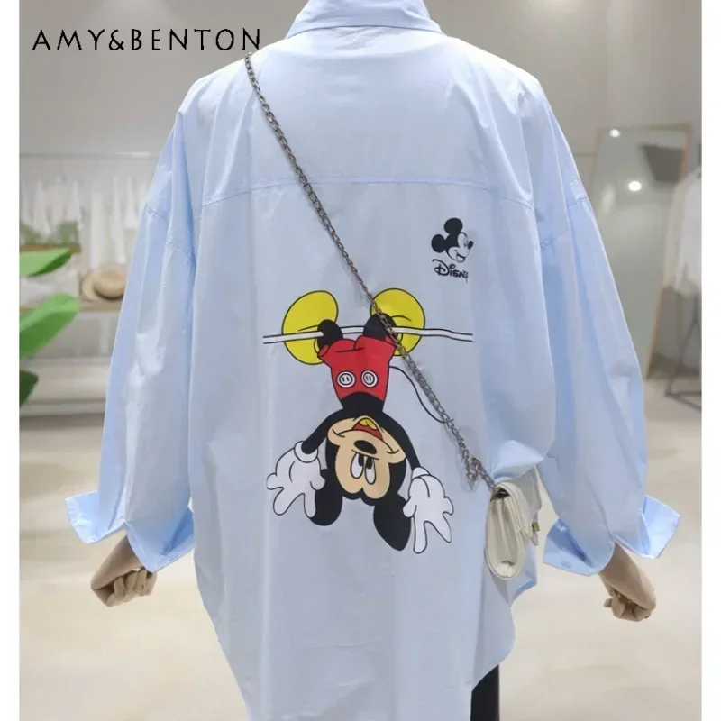 

2024 Autumn New Back Cartoon Print Shirt Single-breasted Loose Casual Cotton Blue Long-sleeved Blusas Women's Clothes Y2k Blouse