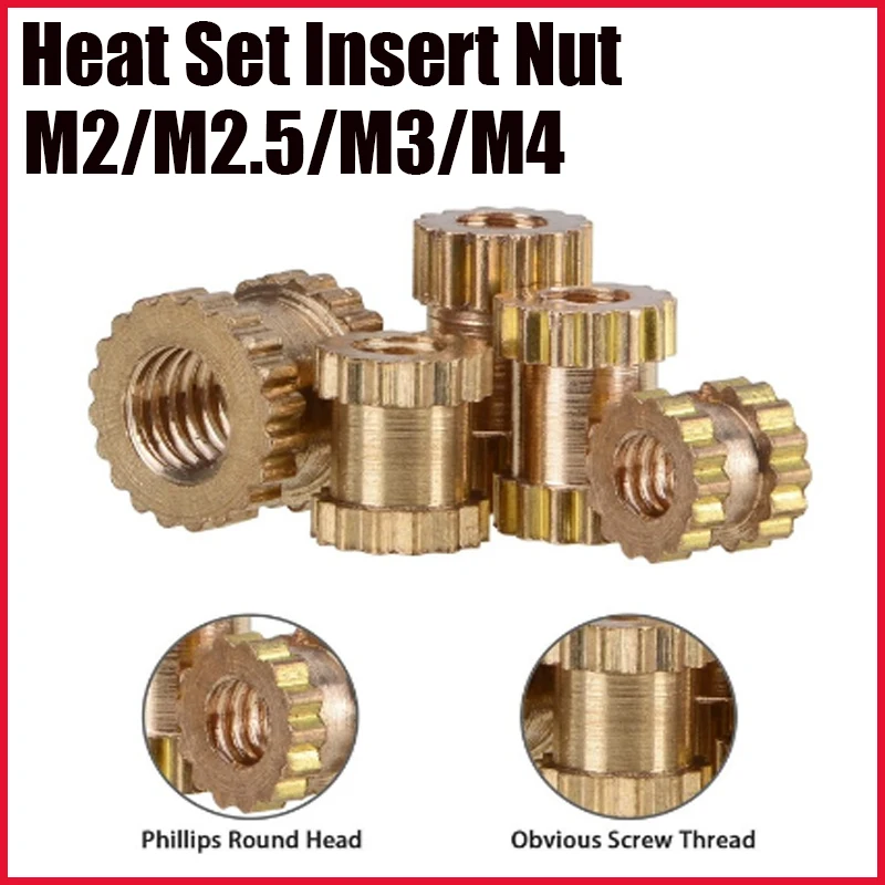 Thread Brass Knurled Inserts Nut Heat Set Insert Nuts Embed Parts Female Pressed Fit into Holes for 3D Printing M2 M3 M4 50Pcs