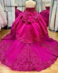 Hot Pink Lace Applique Corset Quinceanera Dresses 15 Years Off Shoulder Sweet 16 Dress Ball Gown Birthday Mexican Customized