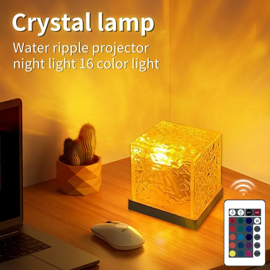 Water Ripple Projector Night Light, Rotação Dinâmica, Flame Crystal Lamp, Bedroom and Living Room Decor, Holiday Gift, 3 Cores, 16 Cores