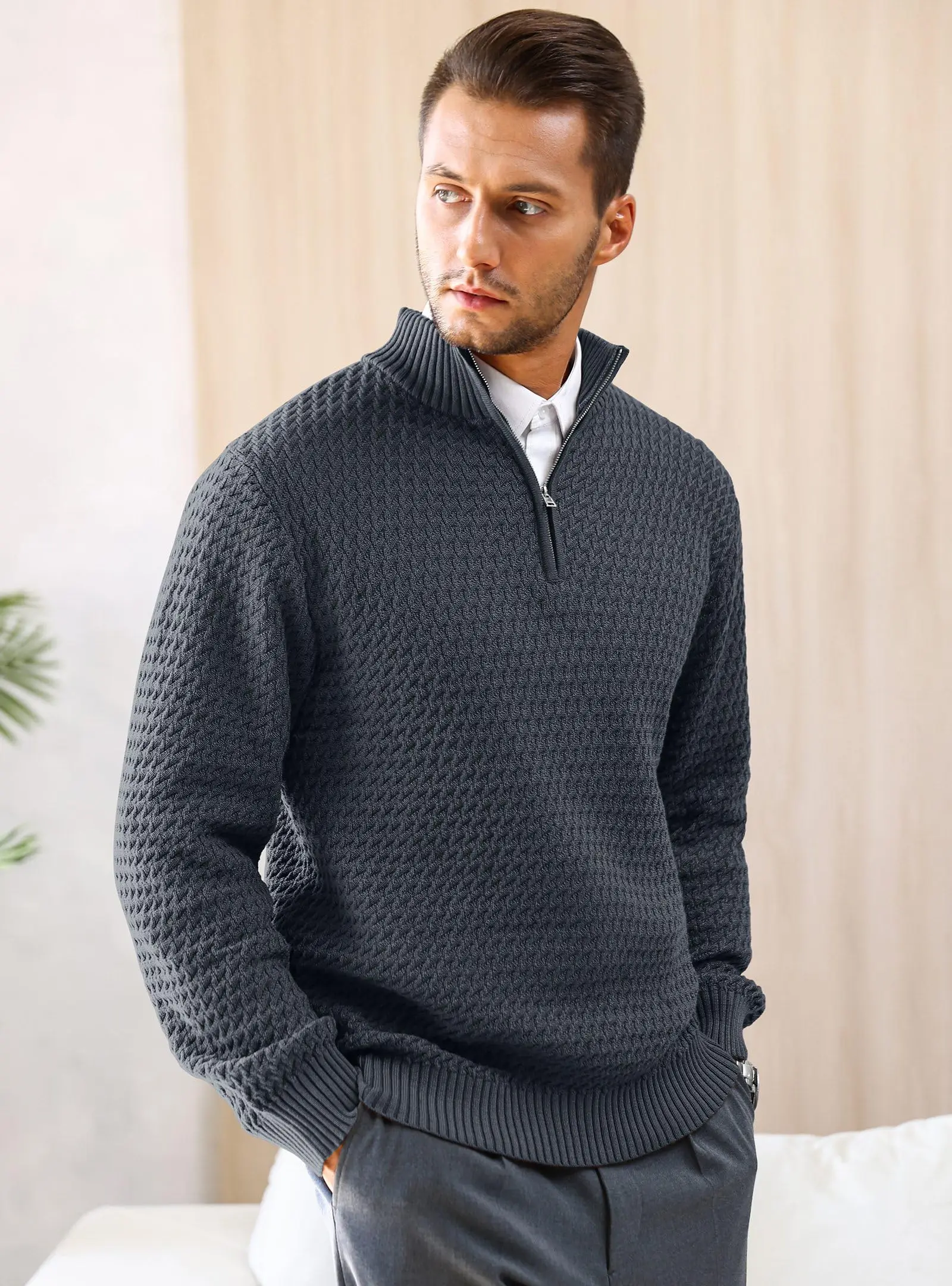 Men's Quarter Zip Sweater Mock Neck Pullover Ribbed Knit Casual Polo Sweaters