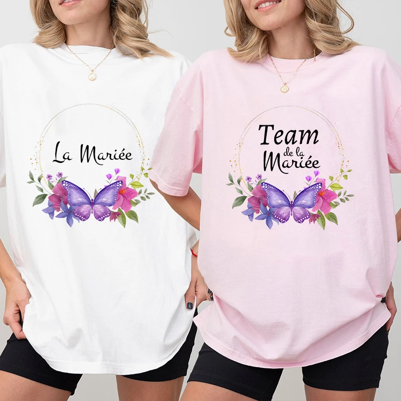 French Women Evjf Team Bride T-Shirt Bridal Wedding Bachelorette Hen Party Tops Short Sleeved Flower Crown Future Bride Tees