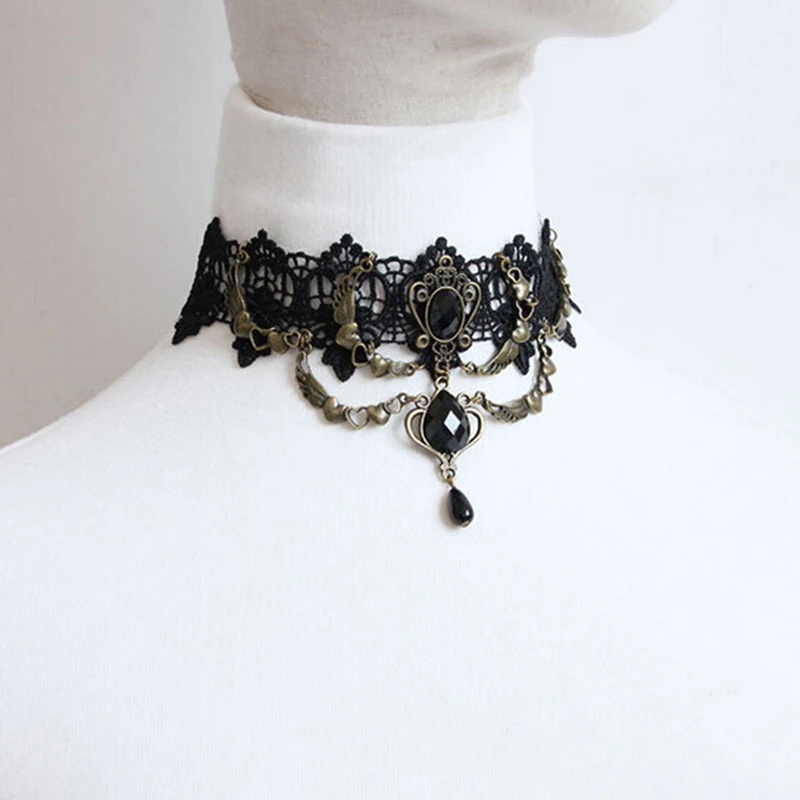 Collares Sexy Gothic Chokers Crystal Black Lace Neck Choker Naszyjnik Vintage Victorian Women Chocker Steampunk