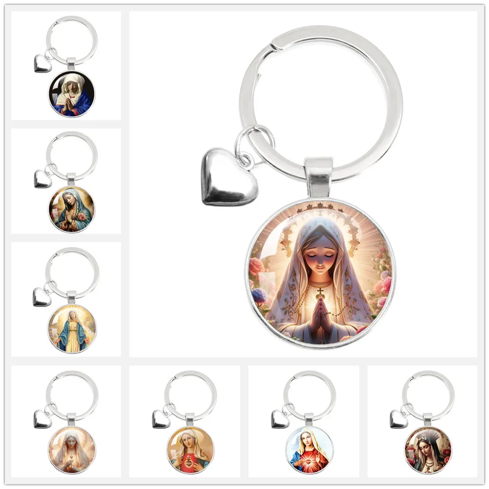 

Virgin Mary Christian Catholicism Keychain Heart Part Accessory Religious Art Glass Pendant Believer Keychain Party Holiday Gift