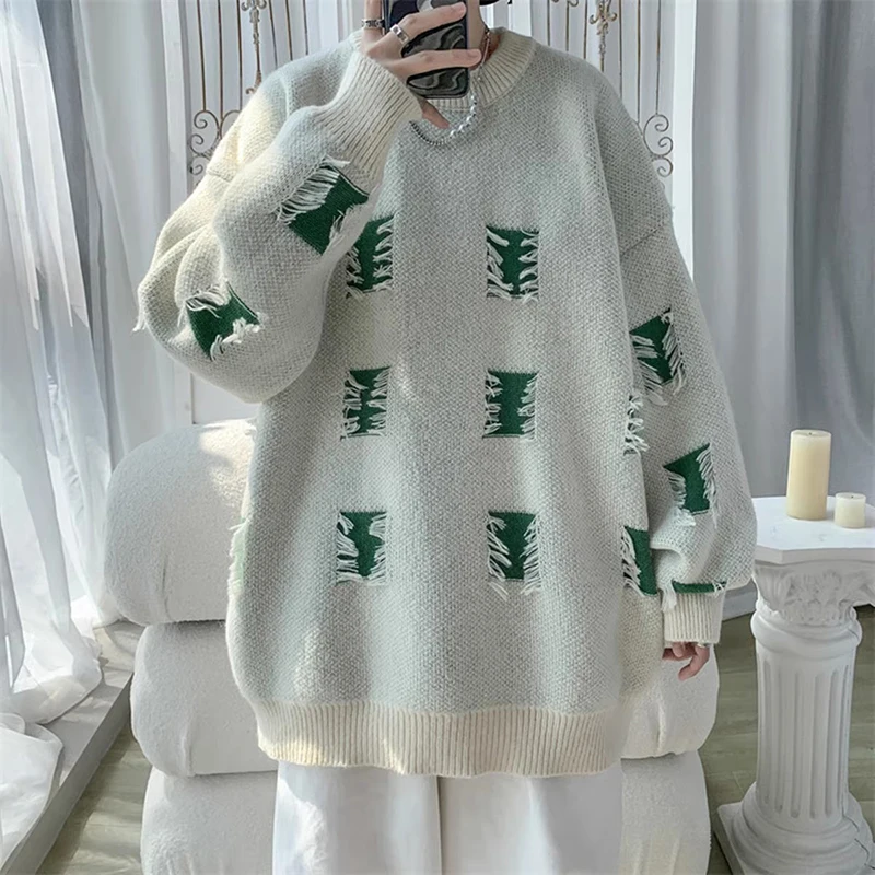 REDDACHIC Destoryed Loose Casual Sweater Ripped Holes Men Round Neck Long Sleeves Jumper Top Korean Y2k Retro Pullover Knitwear