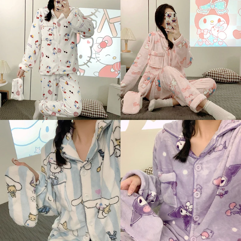 

Y2K милые Мультяшные пижамы Hellokitty Sanrios Kuromi из аниме кораллового флиса плюшевая Ночная Одежда Домашняя одежда Пижама подарок