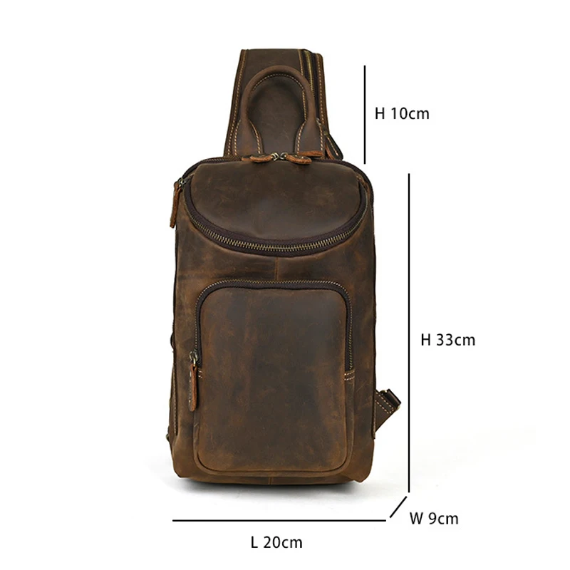 حقائب صدر كلاسيكية بكتف واحد من جلد البقر الأصلي باللون البني مع جيوب متعددة بسحاب وحزام قابل للتعديل