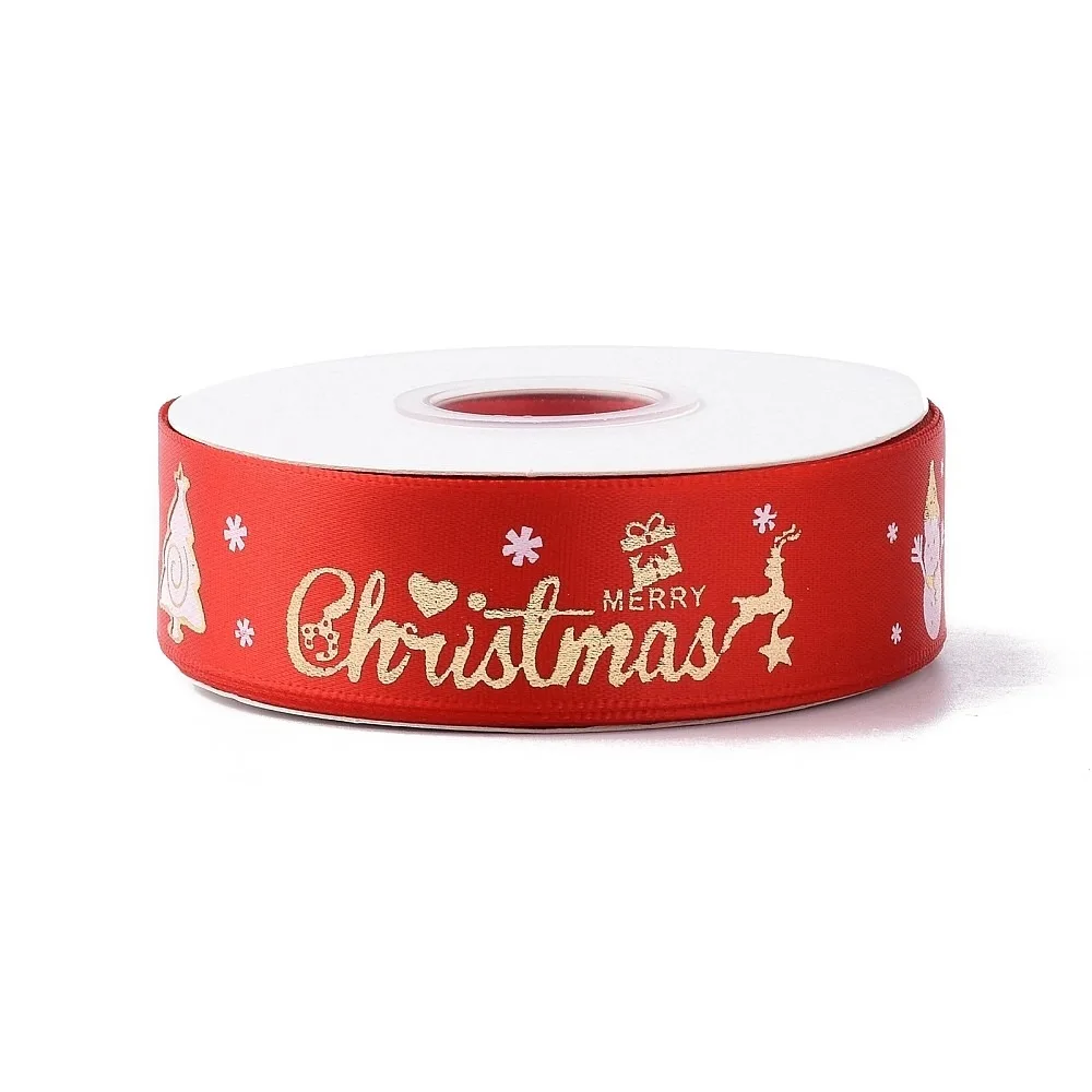 25 Yards Christmas Theme Printed Polyester Ribbon for DIY Jewelry Making Red 7/8~1 inch(23~25mm)