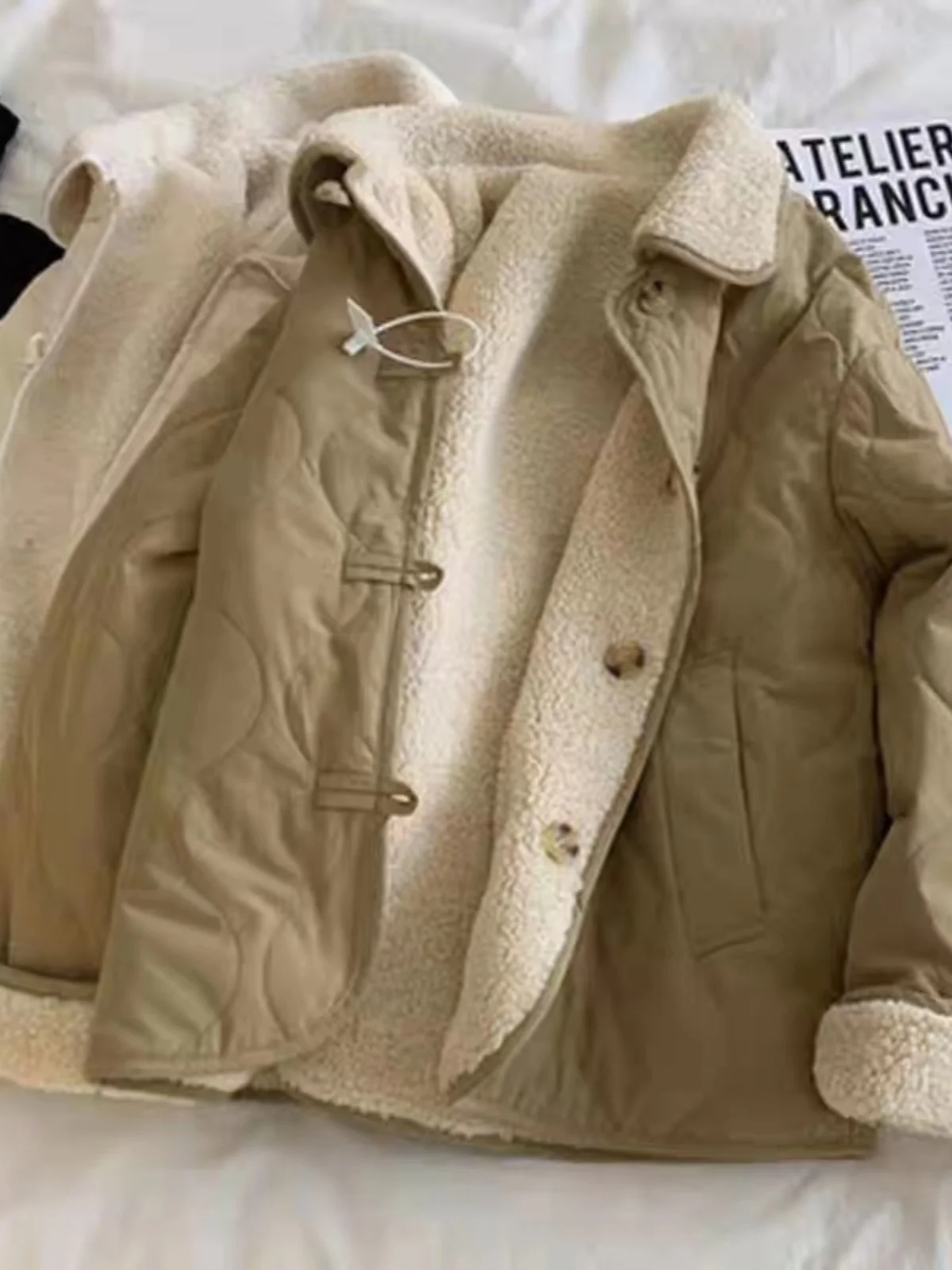 

Autumn Winter Warm Long Sve Lamb Velvet Cotton Jaet Button Loose Versatile Retro Double-Sided Wear Cotton Coat