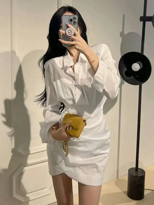 

Autumn/winter Korean 2024 Version New Polo Collar Single Breasted Long Sleeve Dress Women High Waist Wrap Hip Short Dress IRYI