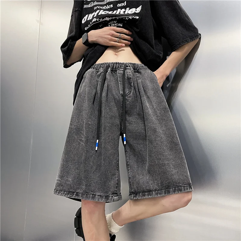 Denim Shorts Men Wide Leg Washed Solid American Retro Summer Baggy Chic Drawstring Casual Teens High Street Trousers All-match