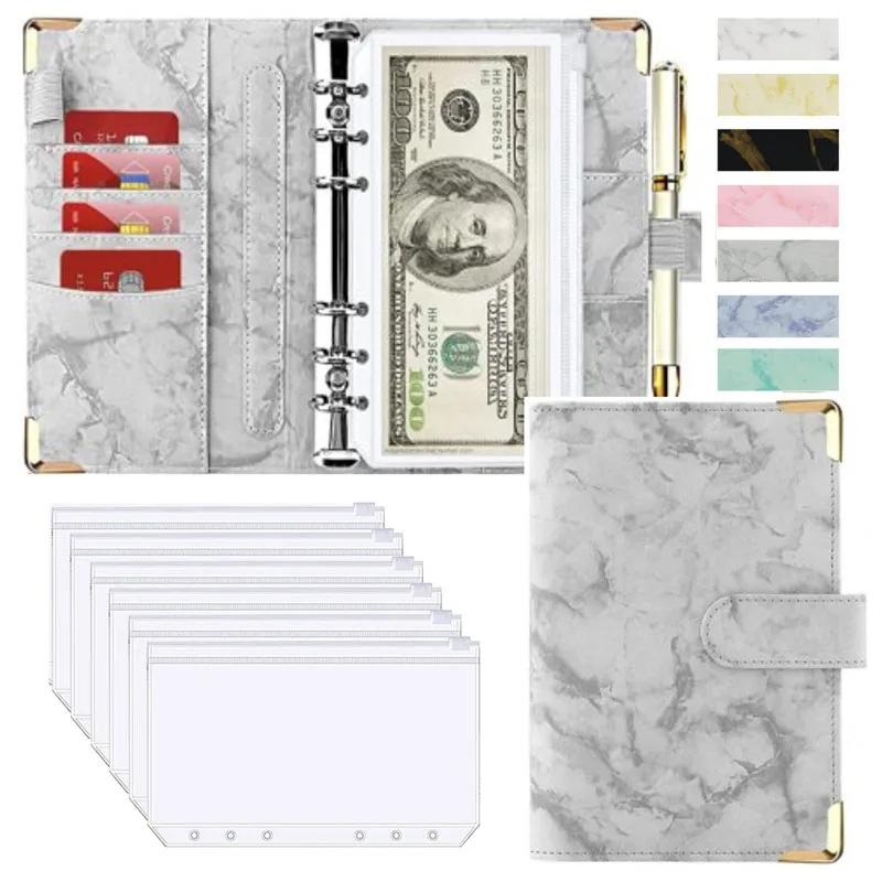 A6 Money Saving Organizer PU Leather Budget Binder Marble Notebook Budgets Planner 2023 Envelope Office School Supplies