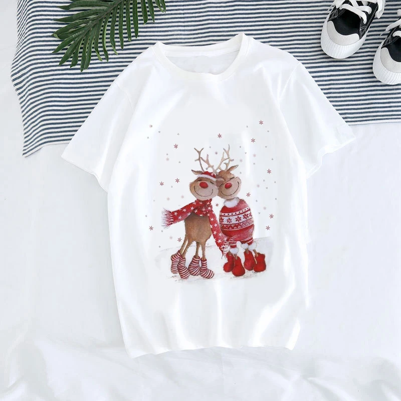 New Merry Christmas Reindeer Printed Cotton T-Shirts Men Women Short Sleeve T Shirt Oversized Harajuku Unisex Tees Tops Clothing