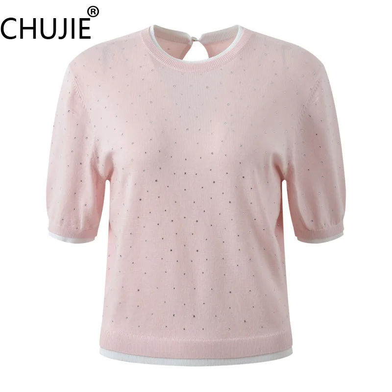 

Вязаный топ CHUJIE Early Fall 2025 с цветными блоками, искусственная двухсекционная футболка с круглым вырезом, молодежный стиль с кристаллами теплопередачи