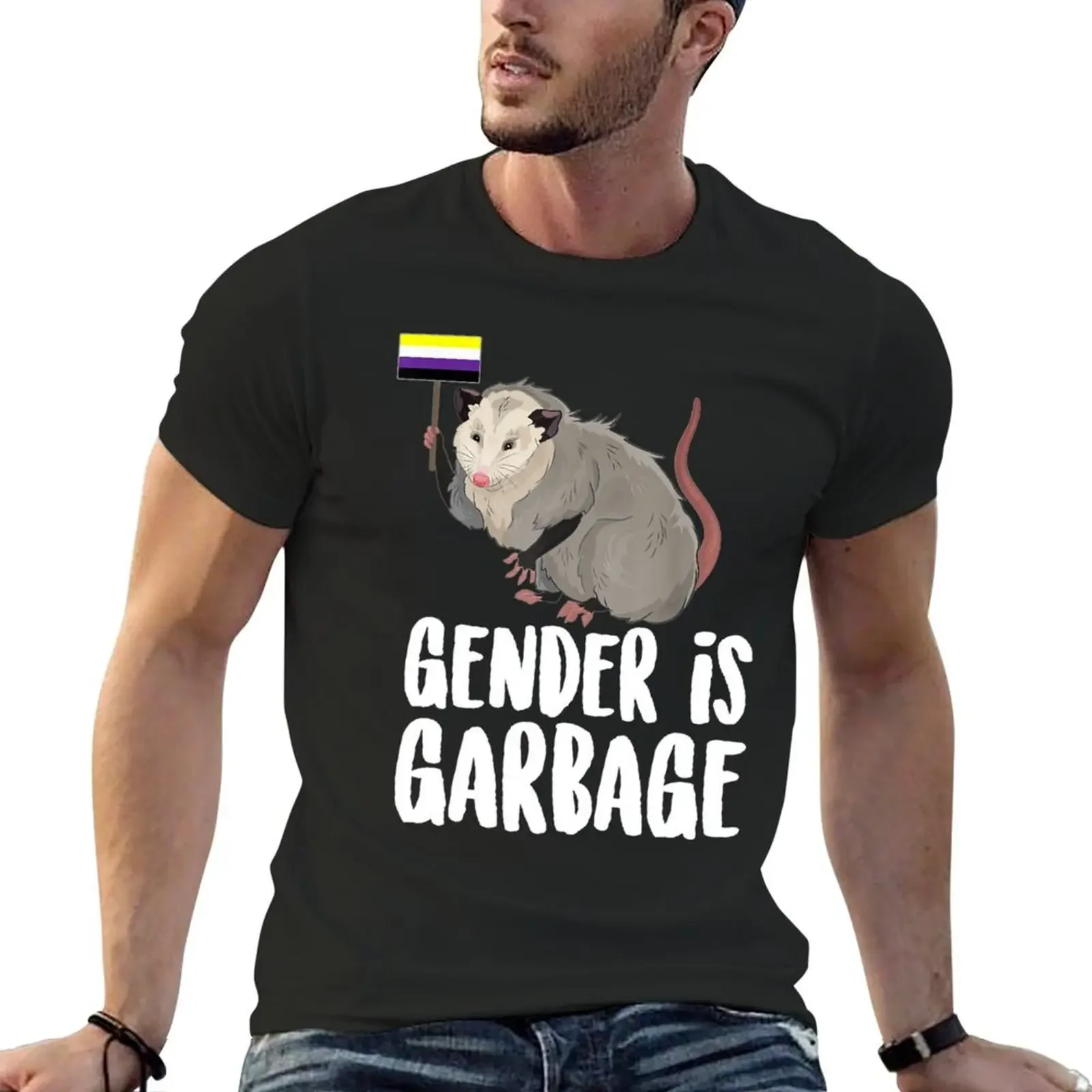 

Gender Is Garbage Genderfluid NonBinary Possum T-Shirt customs design your own Short sleeve tee Men's cotton t-shirt