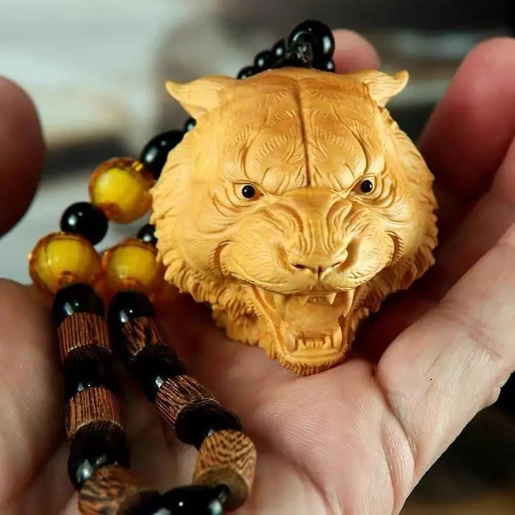 Huangyang Zodiac Ornament Head Wood Carving Pendant For Men To Carry Them, Literature Play Hands, And Tiger With Power