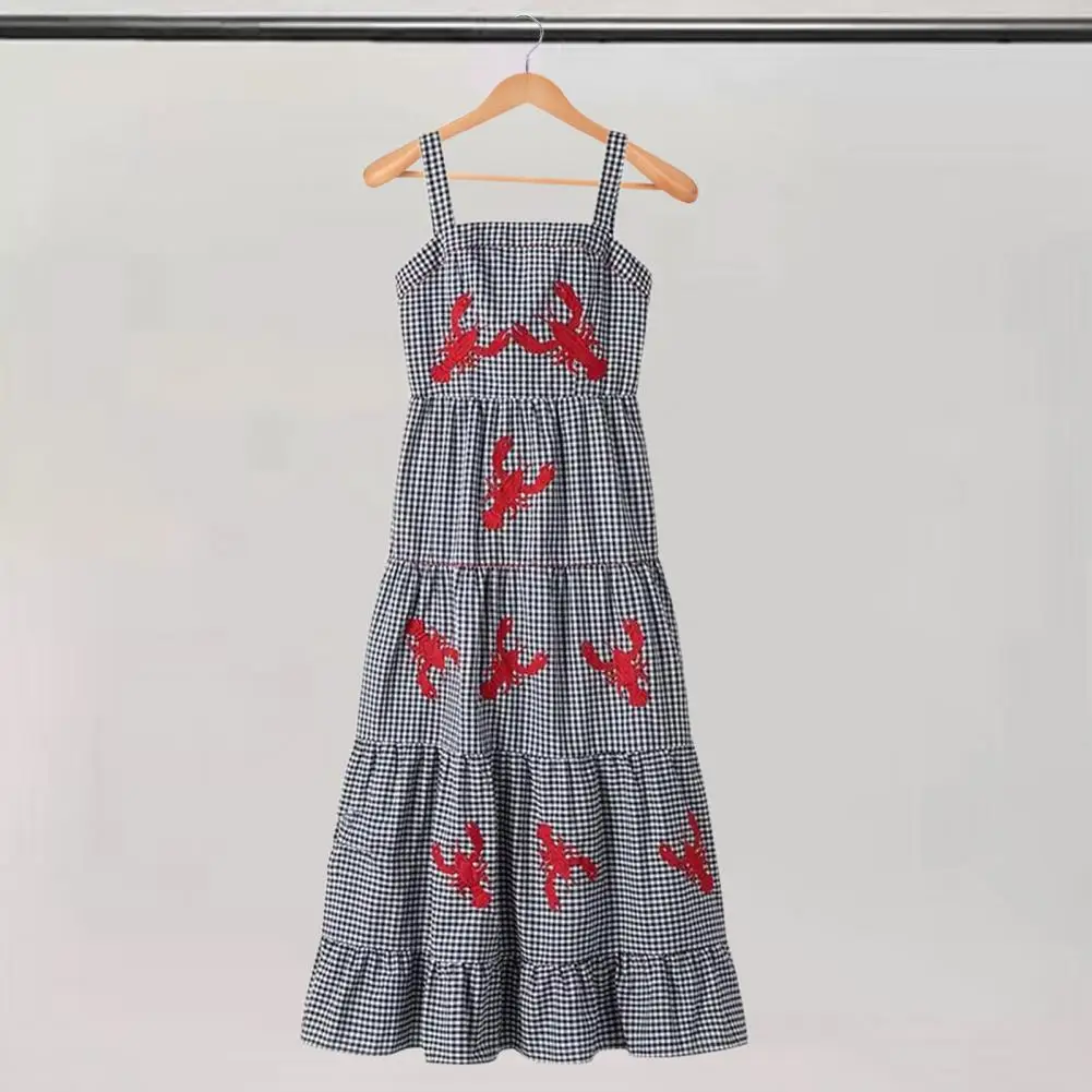 Women Embroidered Dress Retro Style Midi Dress Lobster Embroidered Plaid Midi Dress for Summer Vacation A-line Style with Square