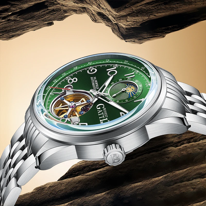 BONEST GATTI Orologio automatico da uomo 42mm Orologio da polso meccanico di lusso 5ATM Zaffiro Quadrante scheletrato luminoso Sole Luna 24 ore