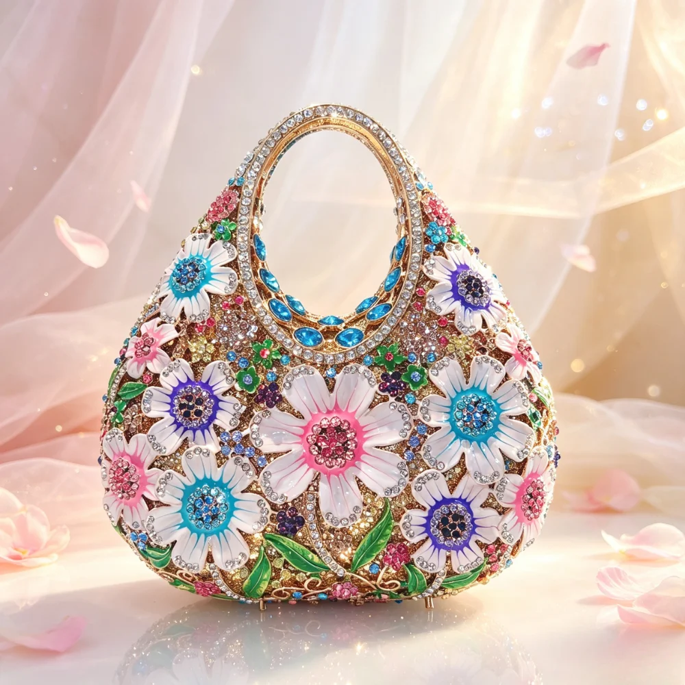 Women Luxury 3D Floral Rhinestone Evening Bag Hollow Metal Frame Handbag Colorful Crystal Daisy Top Handle Clutch Wedding Party